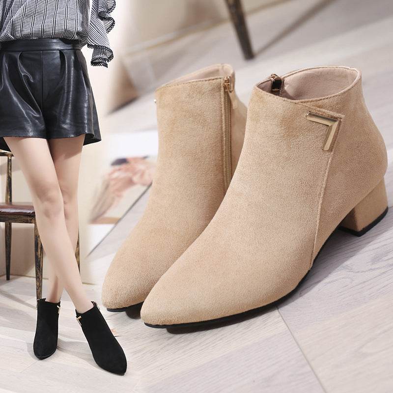 Block Heel Suede Pointed Toe Low-Heel Short Boots - Mubimart