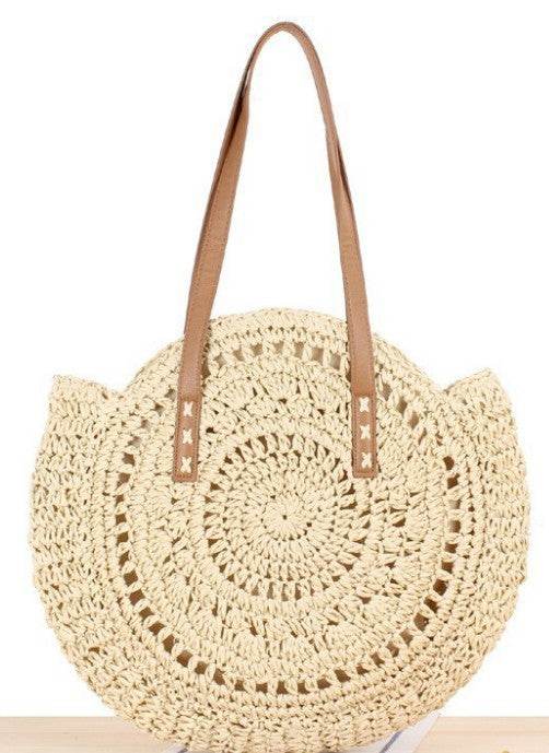 Round Straw Bags Women Summer Rattan Bag Handmade Woven Beach Cross Body Bag - Mubimart