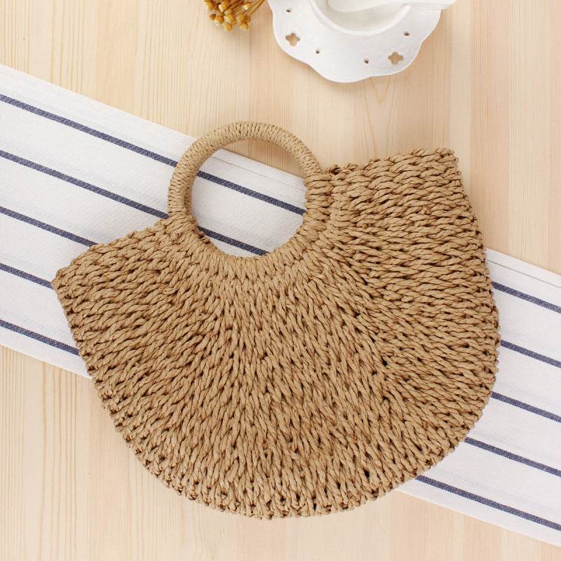 Round Straw Bags Women Summer Rattan Bag Handmade Woven Beach Cross Body Bag - Mubimart