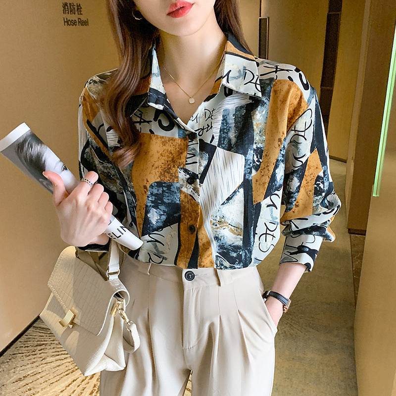 Printed Long-sleeved Shirt Women Loose Design Blouse - Mubimart