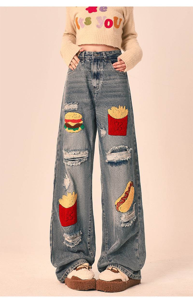 Ripped Jeans Women Loose Straight Wide Leg Oversized Trousers - Mubimart