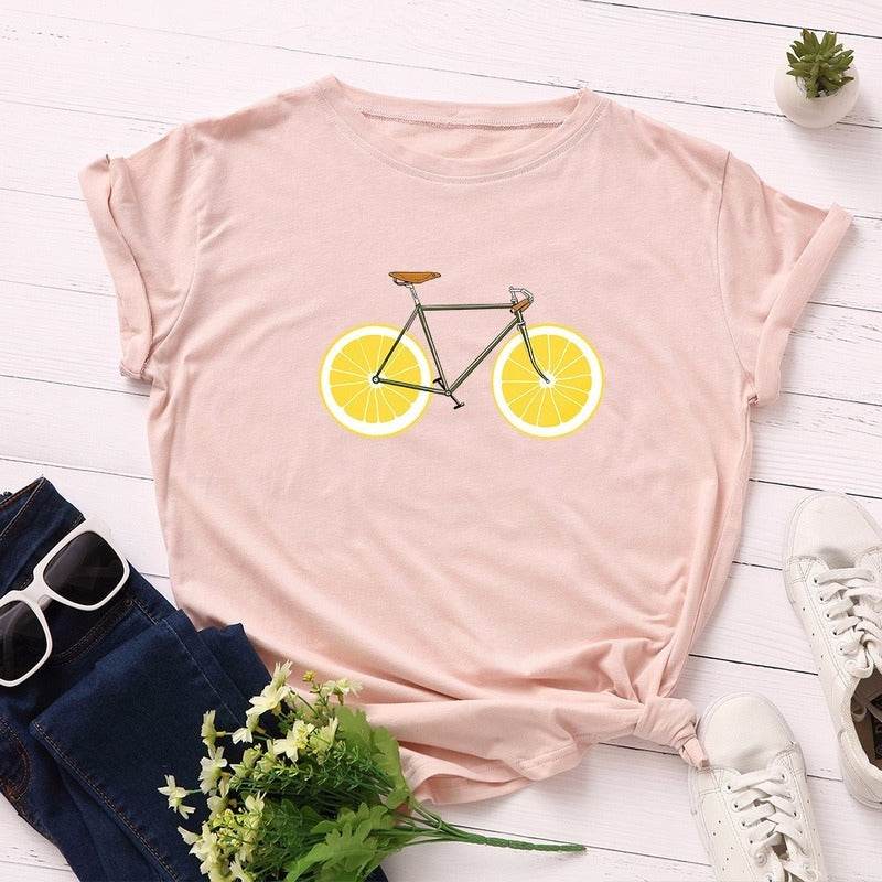 Cute bike print plus size t shirt - Mubimart