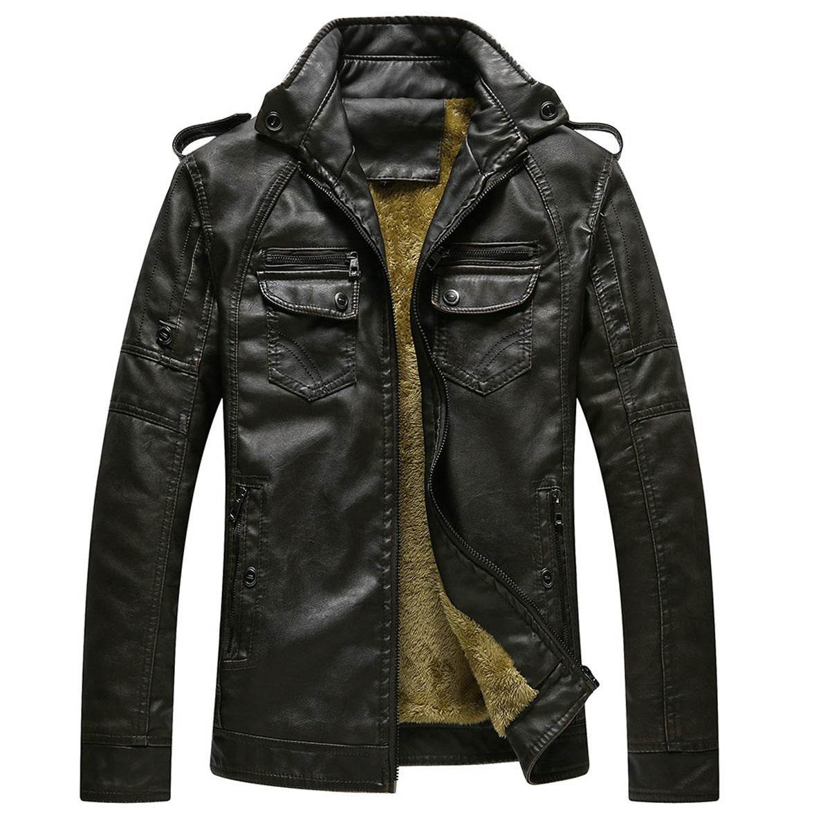 Leather Jacket Plus Velvet Washed Retro Leather Jacket - Mubimart