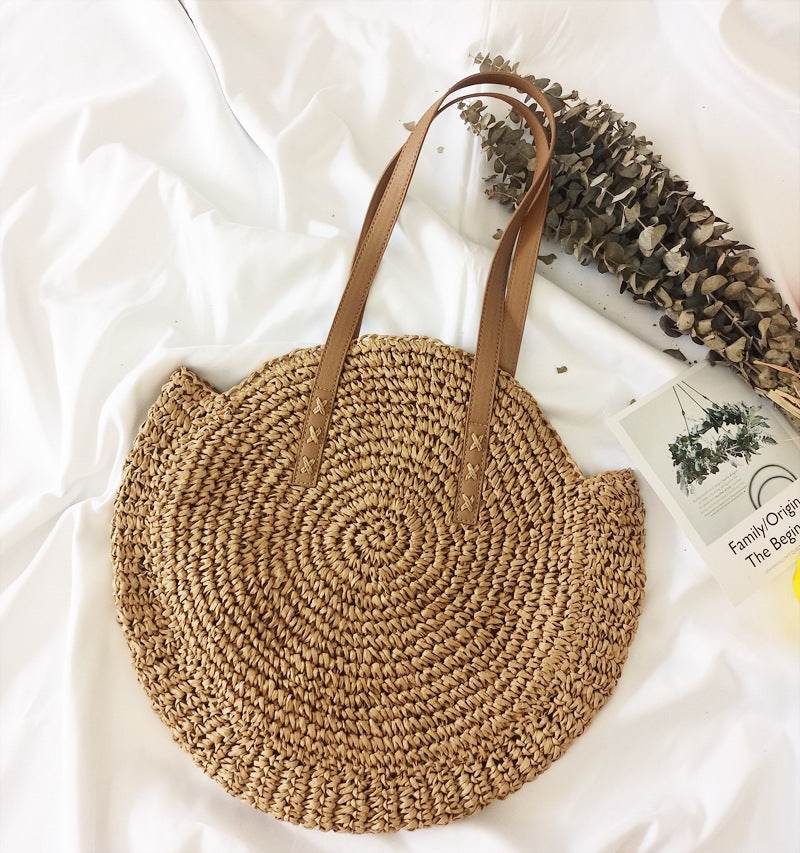 Round Straw Bags Women Summer Rattan Bag Handmade Woven Beach Cross Body Bag - Mubimart
