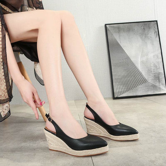 Women's Retro Straw High Heels Wedge Heel Baotou Drag One Word Strap - Mubimart
