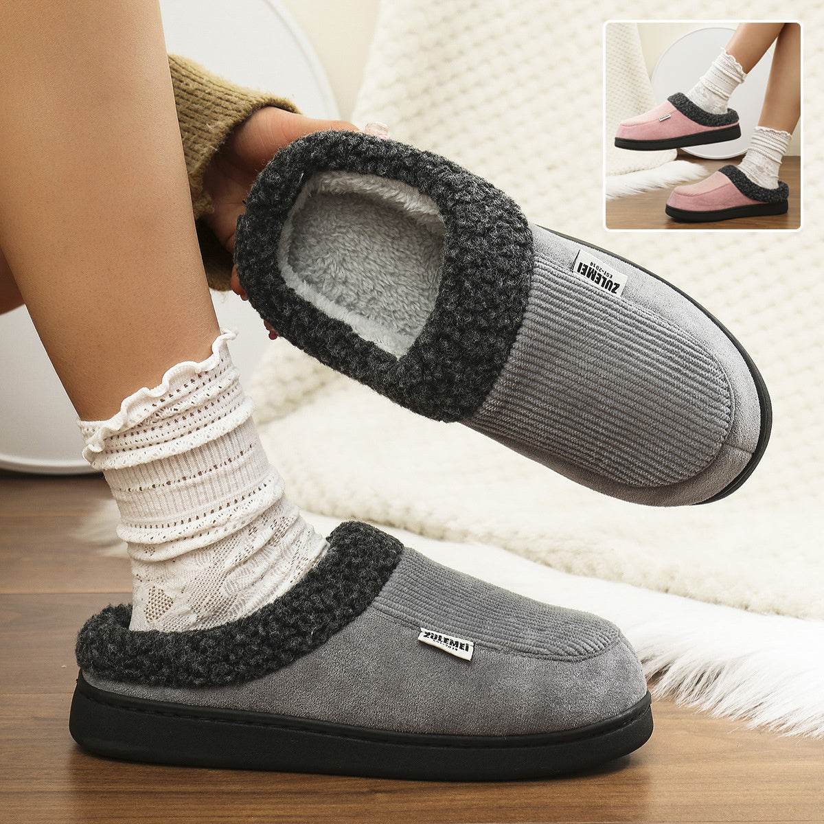 Fashion Solid Striped Cotton Slippers Winter Warm Indoor Bedroom Floor Slipper For Couples Non-slip Thick Sole House Shoes - Mubimart