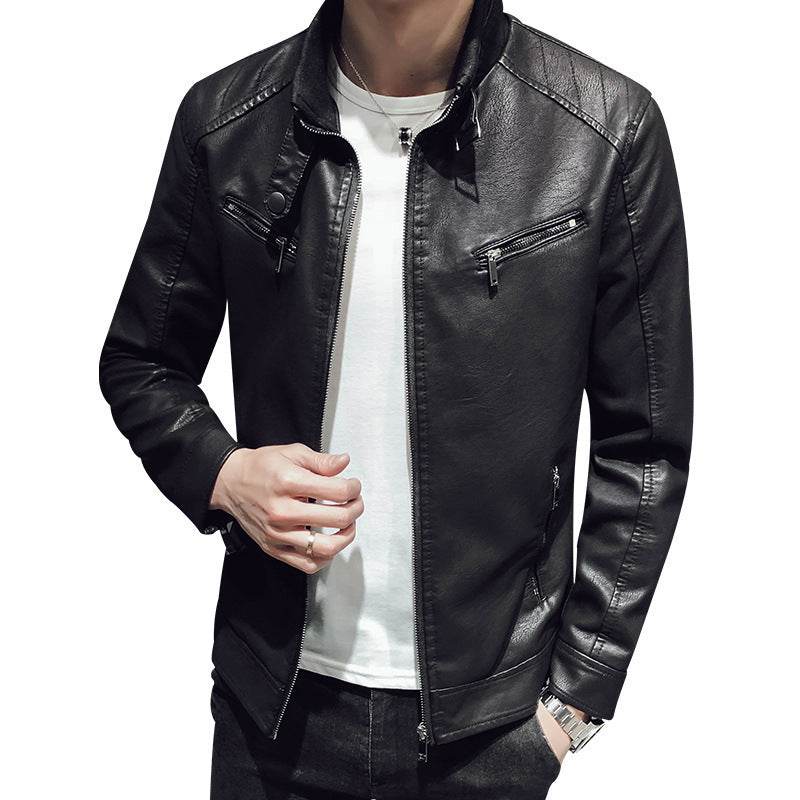 Leather jacket men's leather zipper cardigan men's jacket - Mubimart
