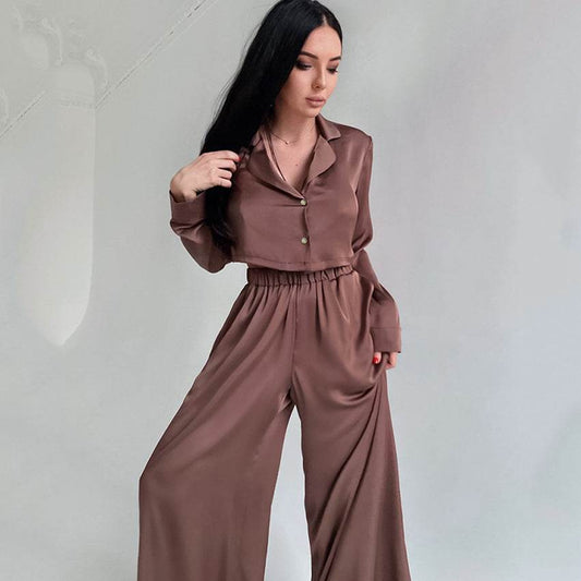 Fashion Short Top Two-piece Set Baggy Pajama Pants Ice Silk Ladies' Homewear - Mubimart