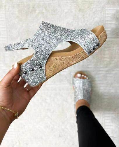 Summer Chunky Wedges Sandals Fashion Sequins Velcro Shoes Women - Mubimart