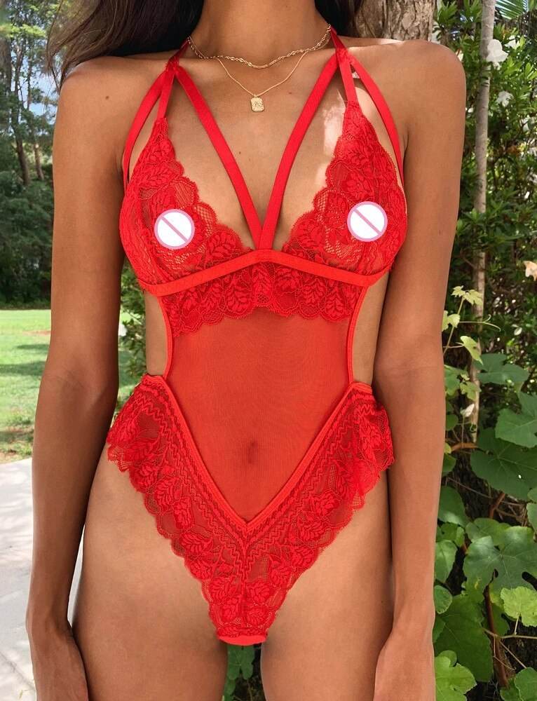 Women Teddy Hot Erotic Dress V-neck Underwear Transparent Lace Mesh Sheer Lenceria Babydoll Costumes Bodysuits - Mubimart