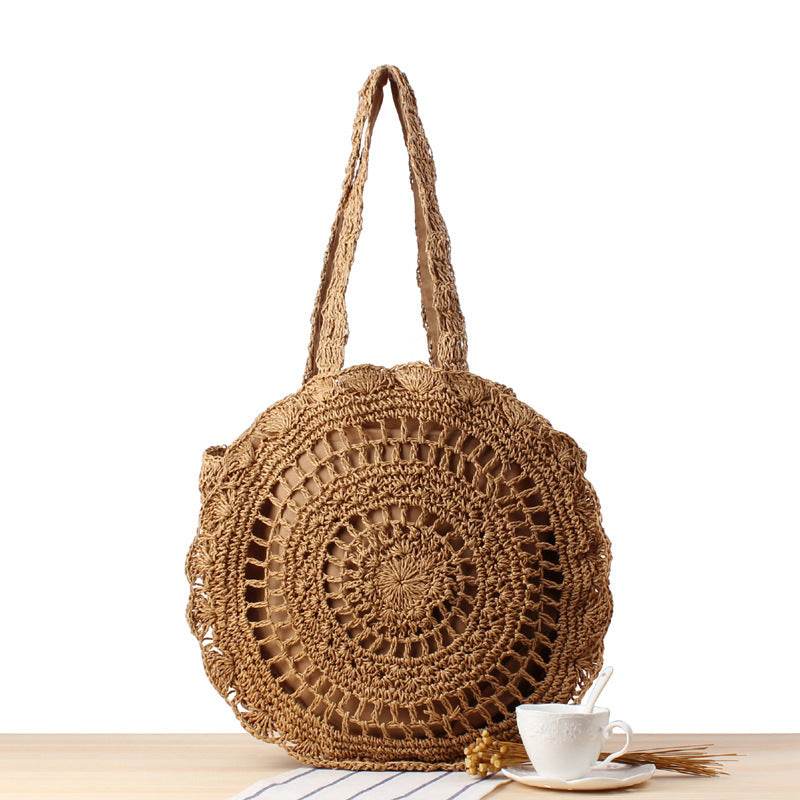 Round Straw Bags Women Summer Rattan Bag Handmade Woven Beach Cross Body Bag - Mubimart