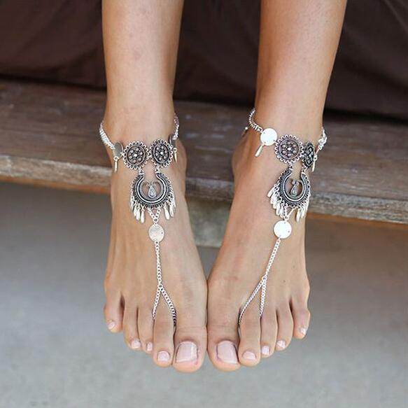 Bohemian Jewelry Antique Silver Color Hollow Flower Chain Anklets Beach Barefoot Sandals Foot Jewelry - Mubimart