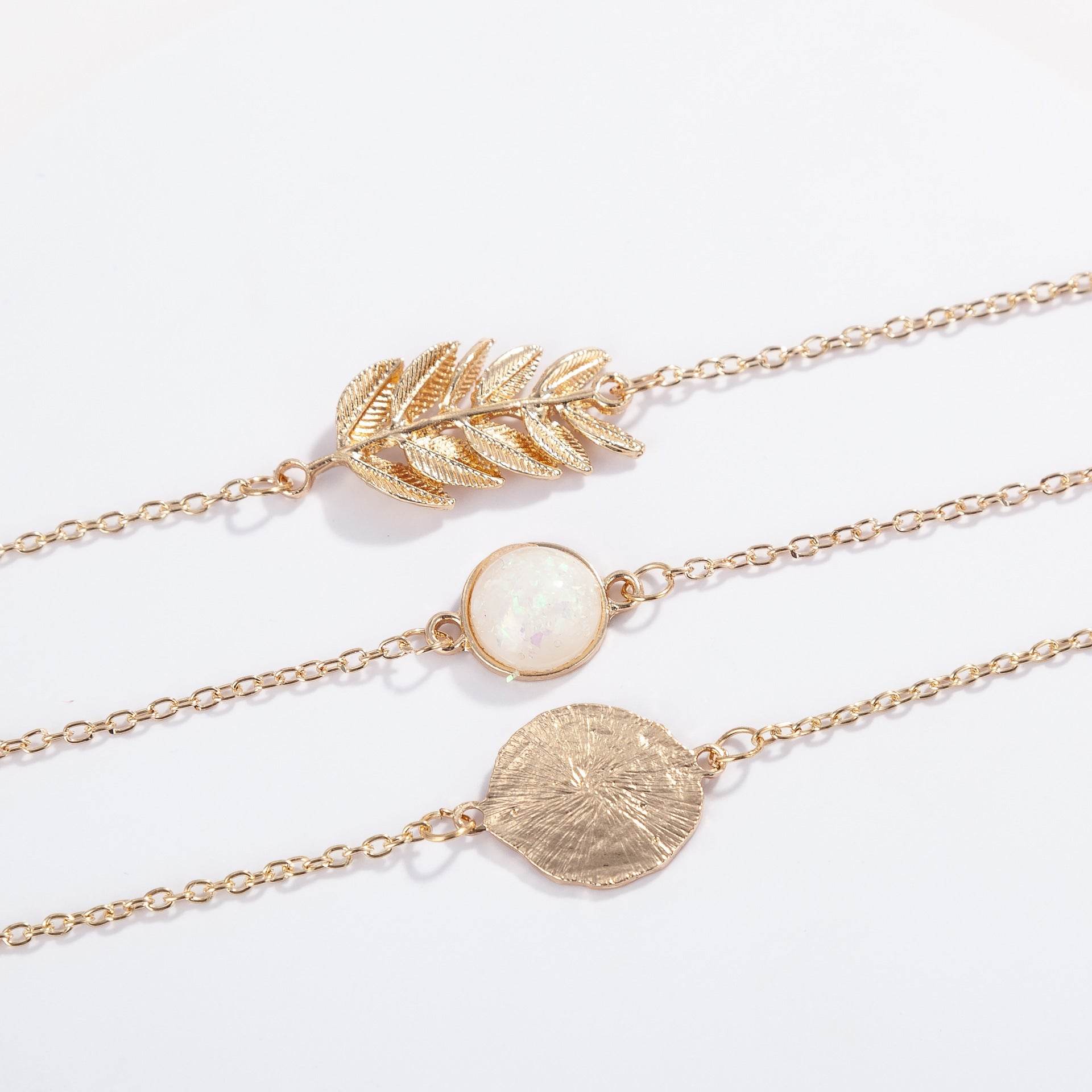 3-piece alloy leaf gemstone bracelet - Mubimart