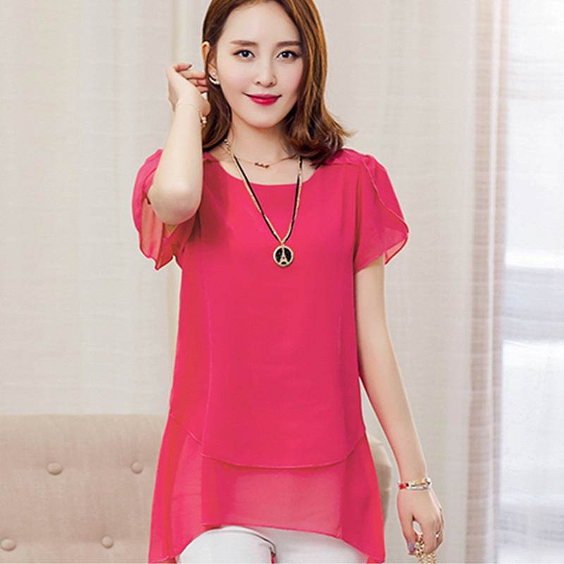 New Summer Women Blouse Loose Shirt O-Neck Chiffon Blouse Female Short Sleeve Blouse Plus Size 5XL Shirts Tops - Mubimart
