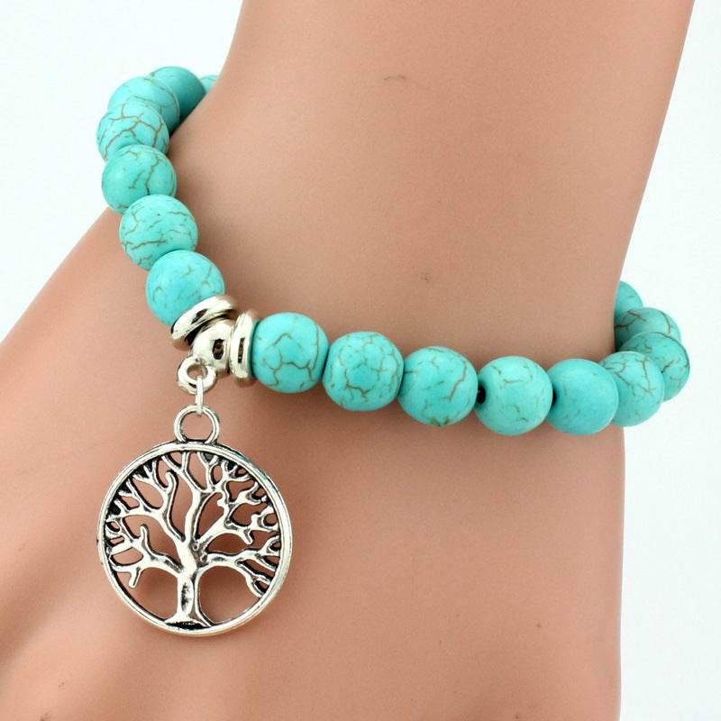 Vintage Turquoises Bracelets for Women Men Cross Tree Snake Owl Hand Pendant Charm Bracelet Bangle Fashion Jewelry - Mubimart