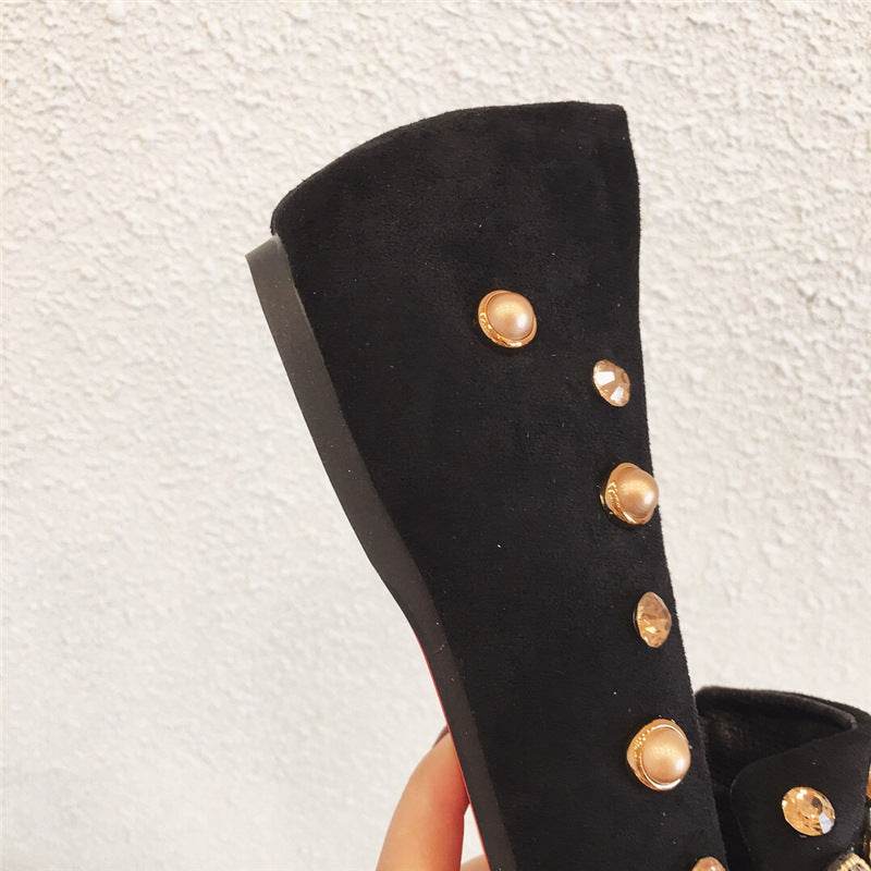 Women's Rhinestone Pointed Toe Rivet Flat Shoes - Mubimart