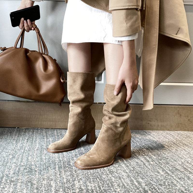 Block heel square toe high heels - Mubimart
