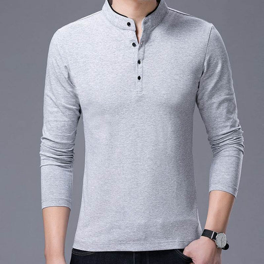 Mens Coton Stand Collar Long Sleeve T-Shirt - Mubimart