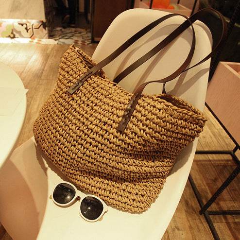 Women Handbag Summer Beach Bag Rattan Woven Handmade Knitted Straw Large Capacity Totes Leather Women Shoulder Bag Bohemia New - Mubimart
