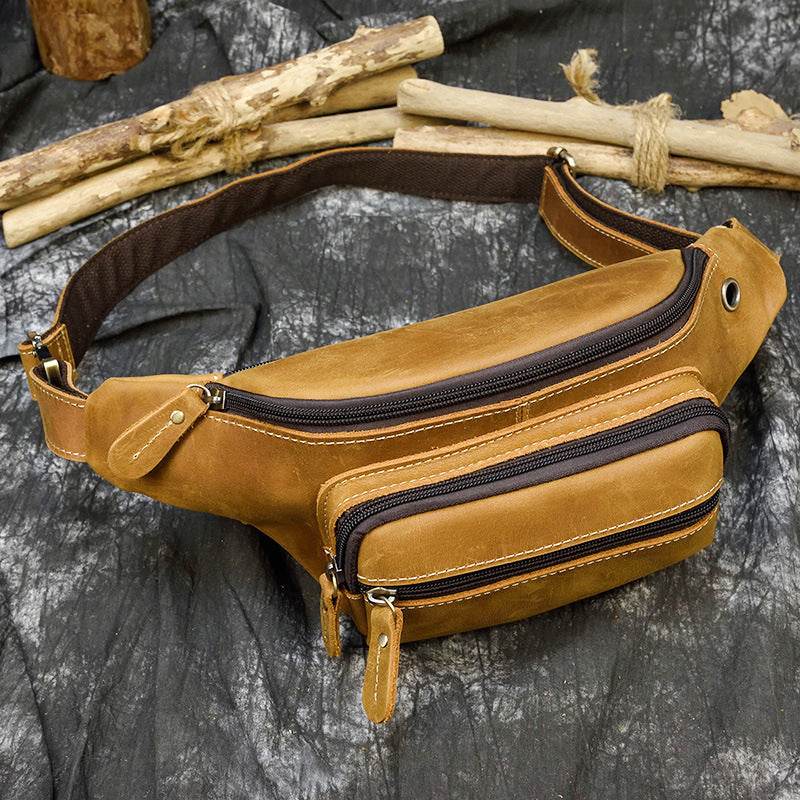Retro Leather Fanny Pack Men's Crazy Horse Leather Chest Bag - Mubimart