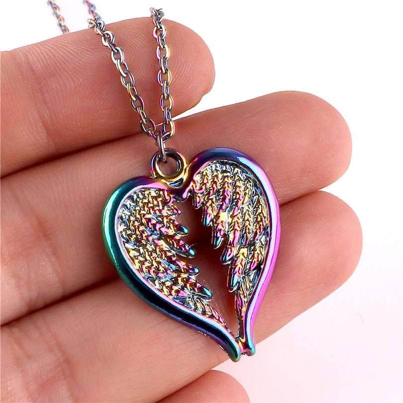 Rainbow Necklaces Feather Wing Heart Choker Necklaces - Mubimart