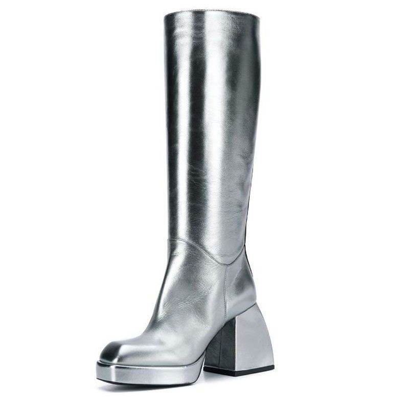 Thick High-heeled Platform Catwalk Boots, Leather Square Toe Boots - Mubimart