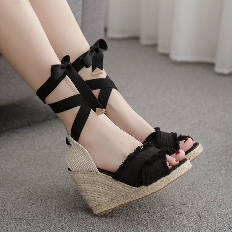Lace-up wedge heel women sandals - Mubimart