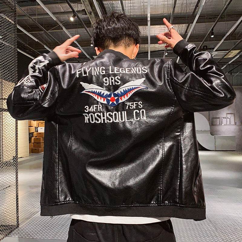 Men's Motorcycle Leather Jacket Embroidered Leather Jacket - Mubimart