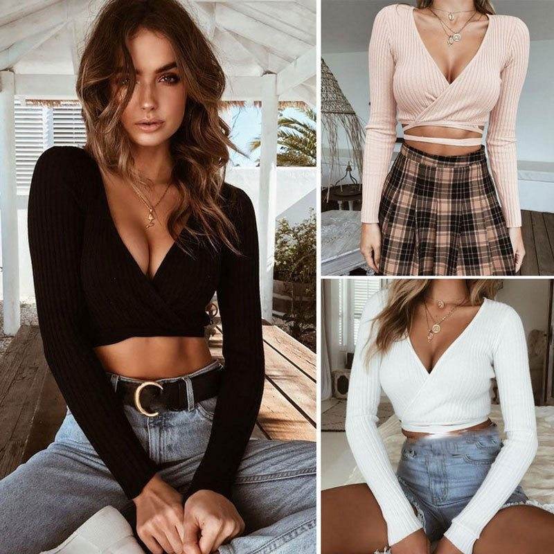 Sexy Women Ladies Summer Slim Crop Tops Long Sleeve T Shirt Casual Solid V Neck Knitted Short Tops - Mubimart