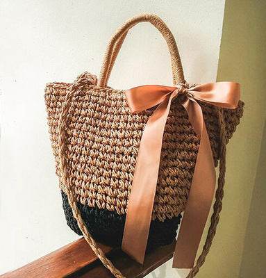 Round Straw Bags Women Summer Rattan Bag Handmade Woven Beach Cross Body Bag - Mubimart