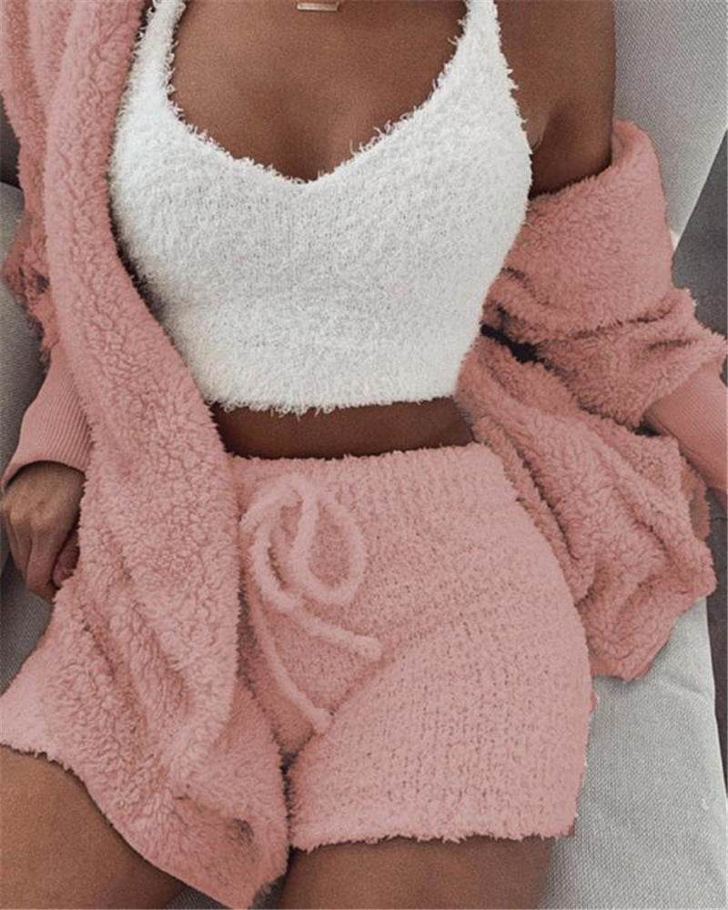 3pcs Womens Clothing Long Sleeve Crop Tank Top And Drawstring Shorts Pajama Set - Mubimart