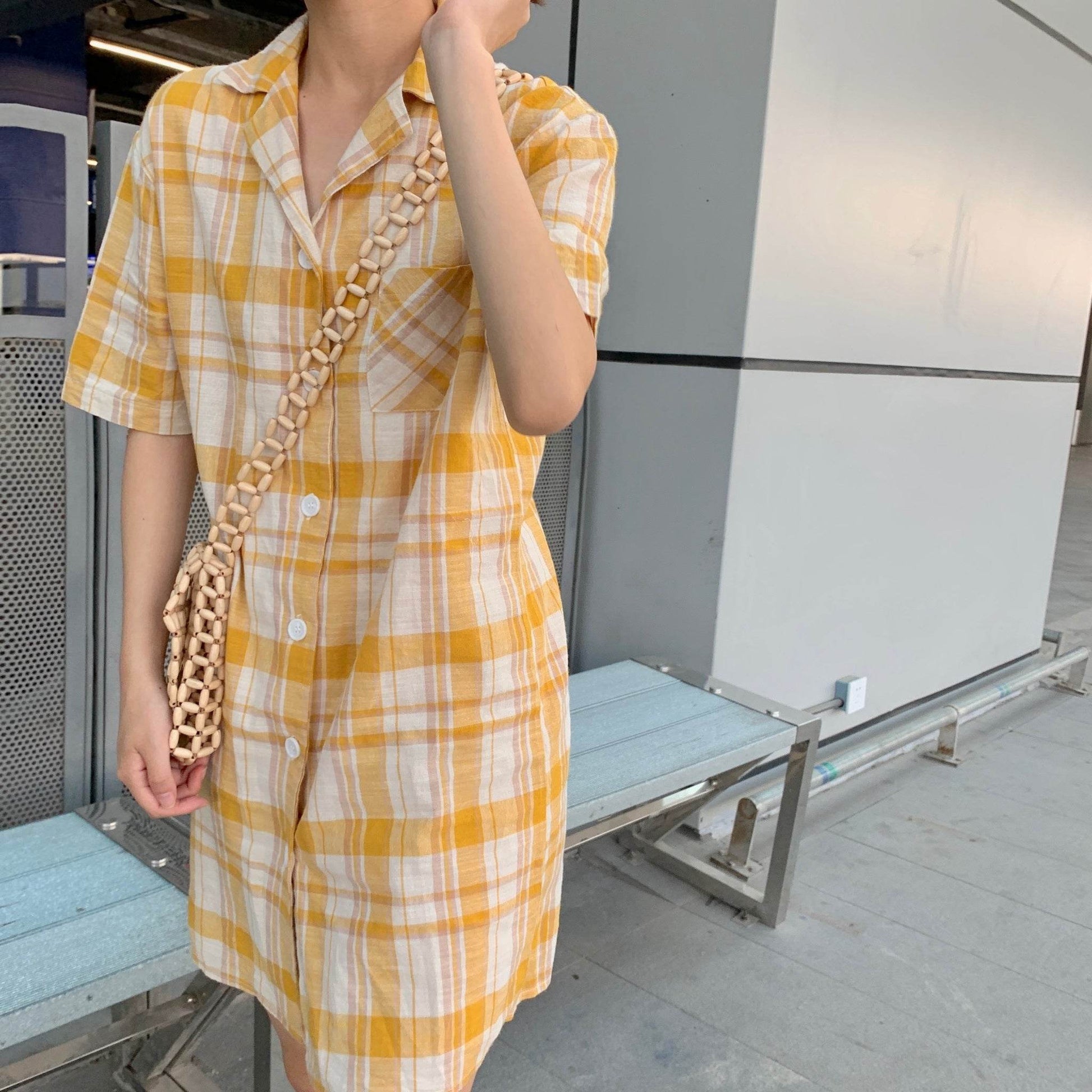 Retro Plaid Shirt Dress - Mubimart