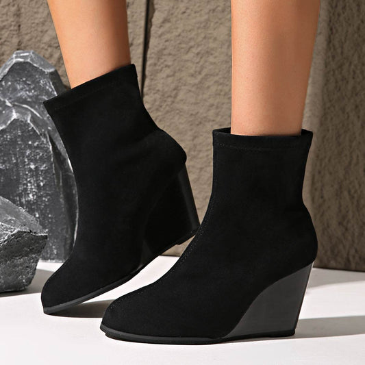 Fashion Thick-soled Wedges Boots Winter Suede Height-increasing Shoes Warm Solid Ankle Boot - Mubimart