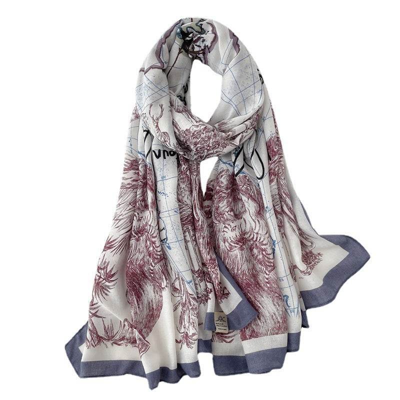 New Cotton And Linen Scarf National Style Long Large Size Shawl Thin Autumn And Winter Scarf Women's Simple Line Map Pattern - Mubimart