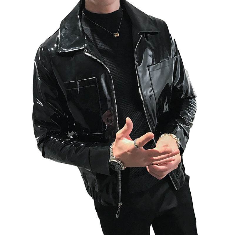 Handsome motorcycle jacket PU leather leather lapel jacket - Mubimart