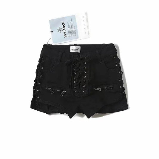 Heavy Industry Lace-Up Denim Shorts Women European And American Trend Women's Pants - Mubimart