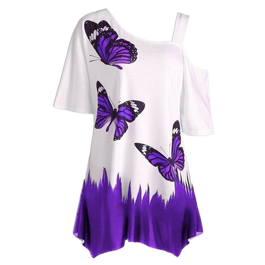 Short Sleeve Women Tops One Shoulder Summer Fashion Butterfly Printed Blouse Plus Size Tunic Casual Shirts Loose Blusas - Mubimart
