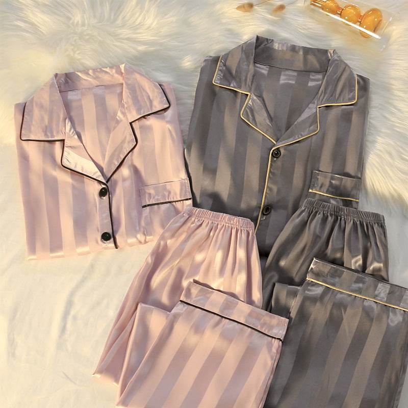Striped Luxury New Plus Size Silk Loungewear - Mubimart
