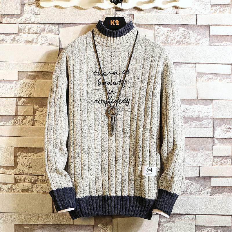 Long sleeve thick half high neck letter pullover sweater for men - Mubimart
