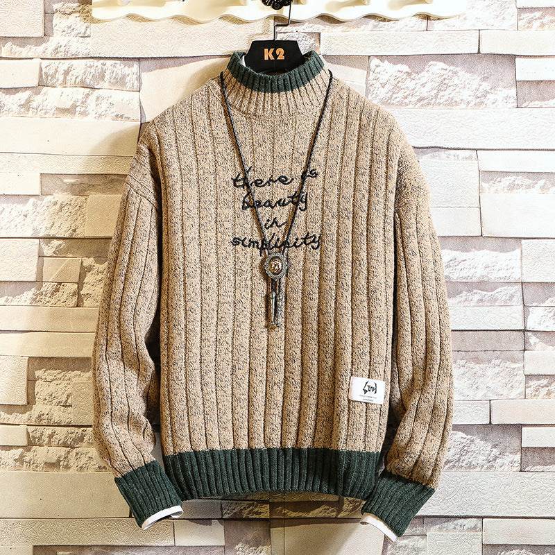 Long sleeve thick half high neck letter pullover sweater for men - Mubimart