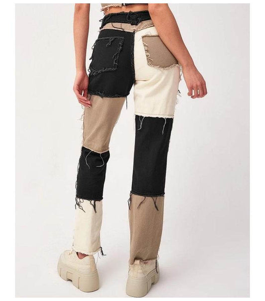 High Elastic Stitching Raw Edge Women's Straight-leg Jeans - Mubimart