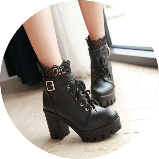 For Women, Lace-up Martens Boots With High Heels And Thick Heels - Mubimart
