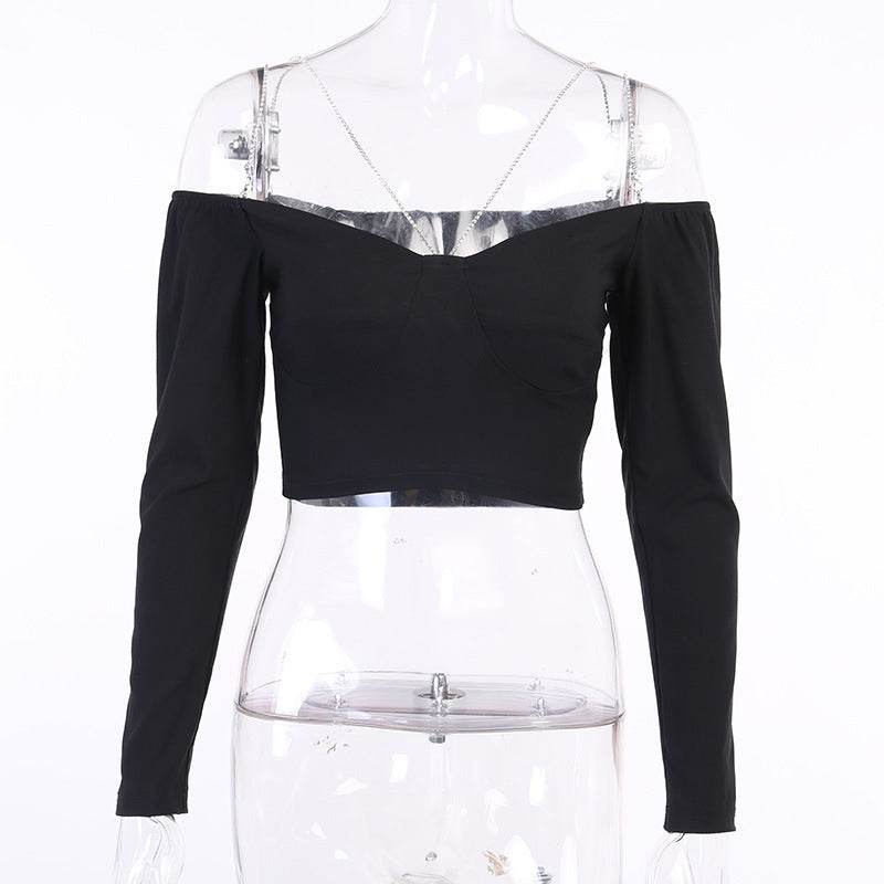 Fashion Stitching Diamond Chain Decoration One Shoulder Blouse Women - Mubimart