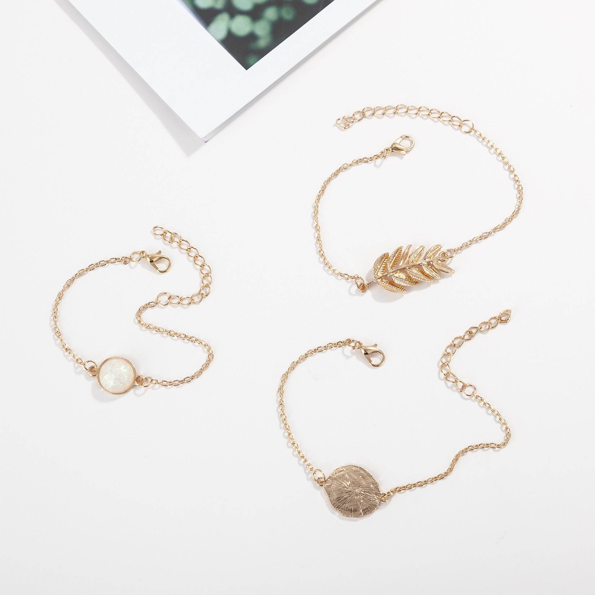 3-piece alloy leaf gemstone bracelet - Mubimart