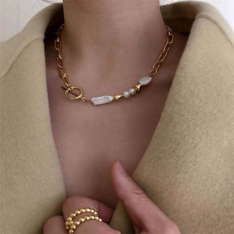 Metal Chain Clasp Pearl Necklace for Women - Mubimart