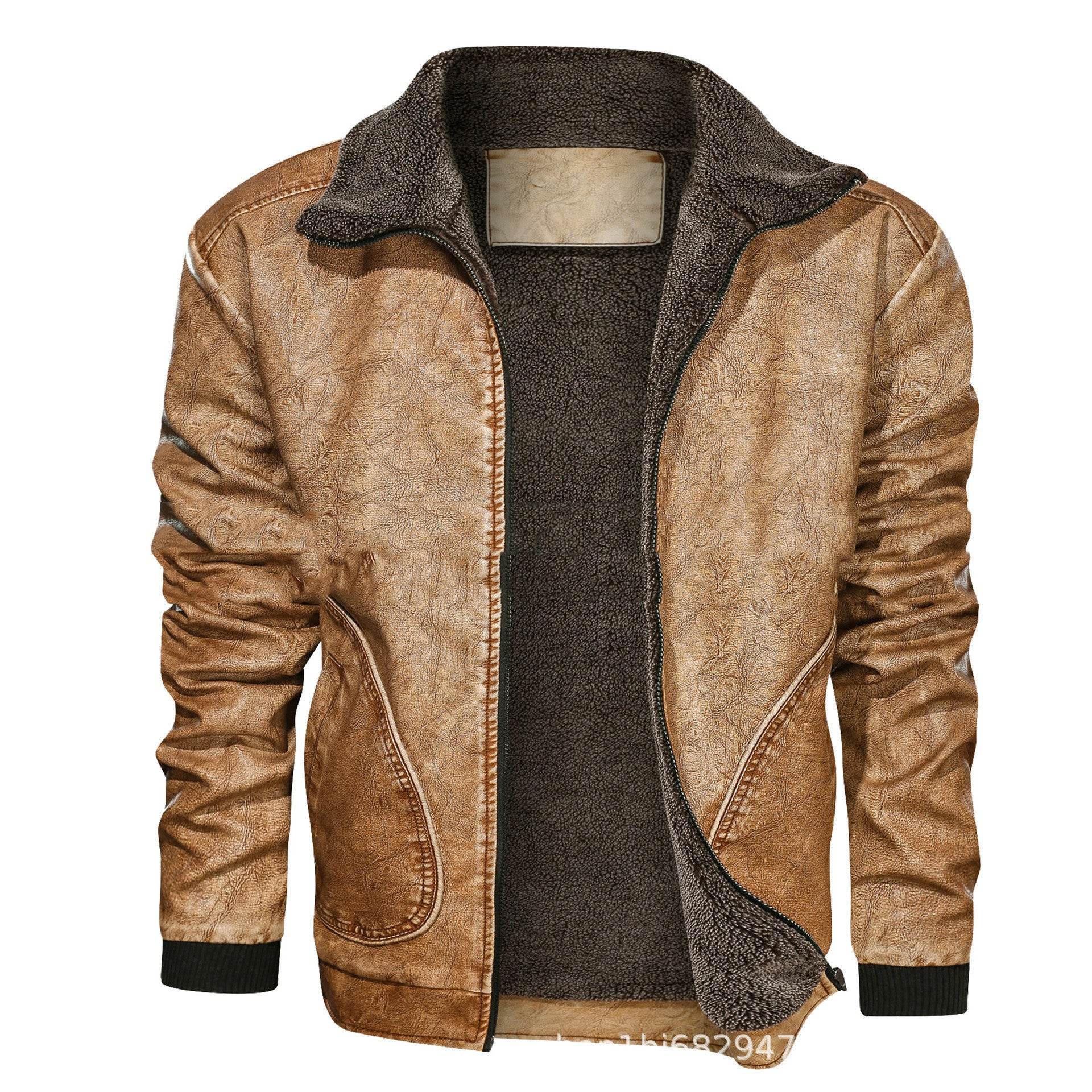 Lapel Leather Jacket Plus Velvet Padded Leather Jacket - Mubimart