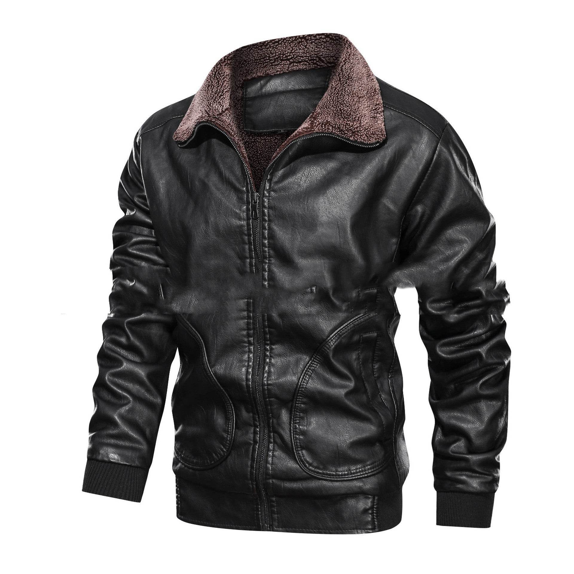 Lapel Leather Jacket Plus Velvet Padded Leather Jacket - Mubimart
