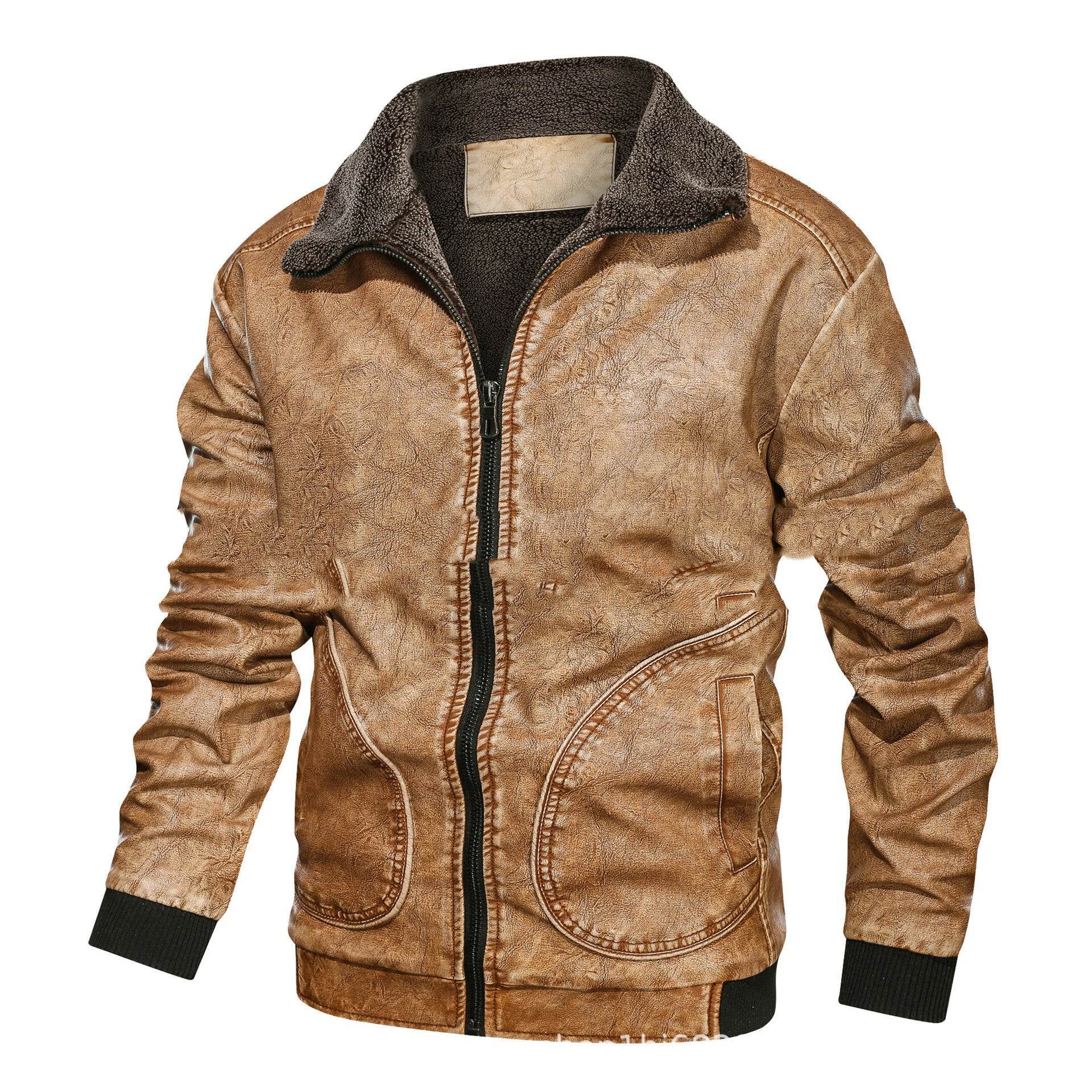 Lapel Leather Jacket Plus Velvet Padded Leather Jacket - Mubimart
