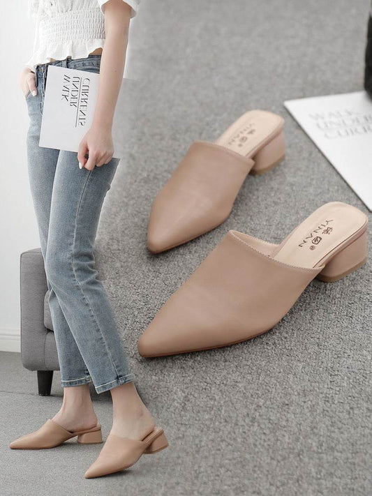 Sandals With Soft Leather Half-support Single Shoes Pointed Toe Mules - Mubimart