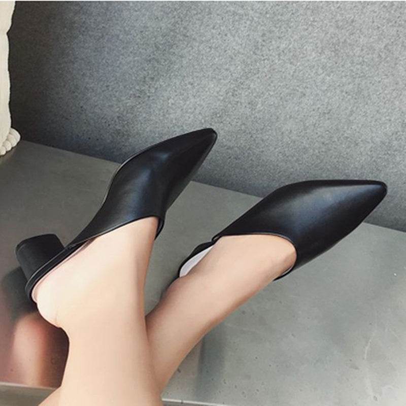 Leather Half Slippers Mules Versatile Thick Heel High Heel Slippers - Mubimart